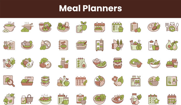 Colorful meal planner icons representing various healthy foods and meal prep essentials, featuring bowls, containers, ingredients, and scheduling tools.