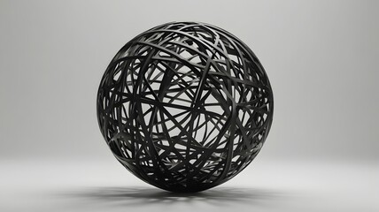 Black Geometric Sphere Sculpture with Interwoven Lines on Gray Background