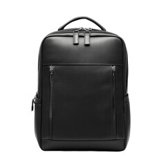 Black leather backpack, rectangular shape, with multiple zippered pockets