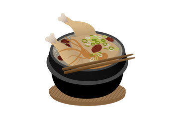 Flat Vector Samgyetang – Traditional Korean Chicken Ginseng Soup

