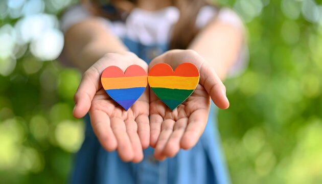 Child's hands offering two rainbow hearts