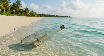 Obraz premium A floating message in a bottle drifting near the shore of a sunny beach