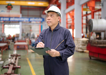 Engineer or technician writing on clipboard in the factory