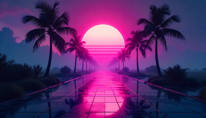 Synthwave sunset reflecting on a wet, grid-textured virtual landscape after a rain, neon reflections, vaporwave style, pink and blue hues.