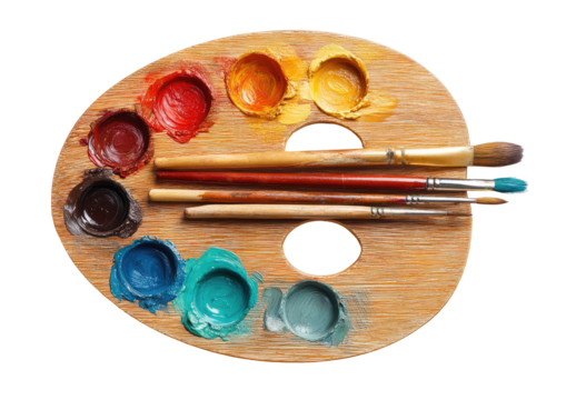 Wooden artist's palette with paint and brushes