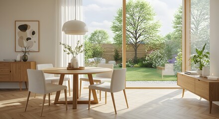 Modern Dining Room Interior with Garden View