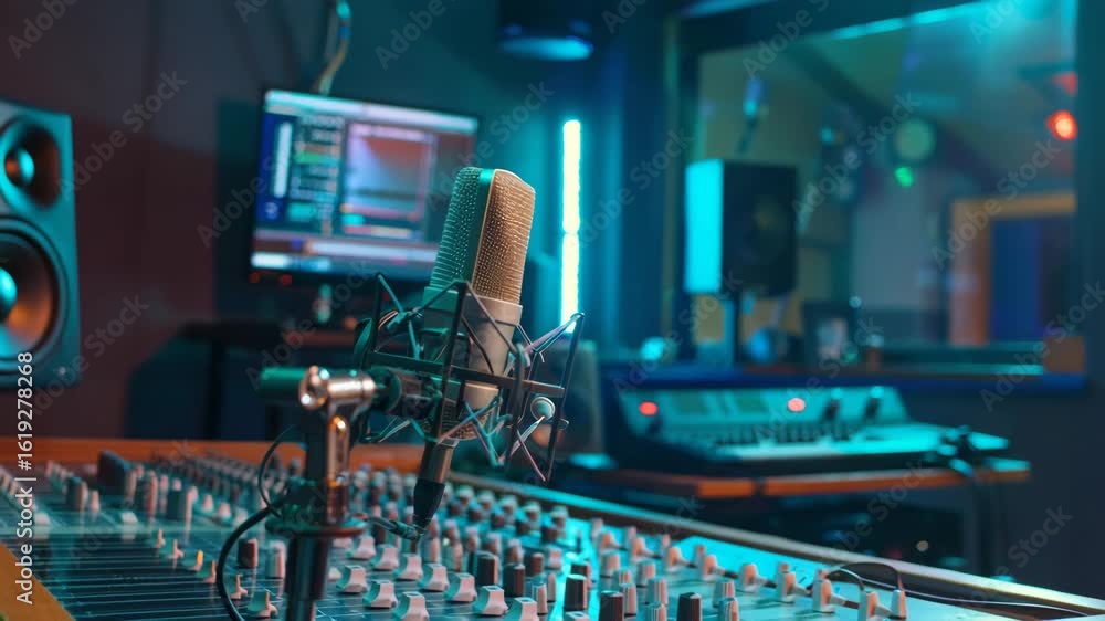 Poster a professional recording studio features a microphone and audio equipment with colorful lighting cre