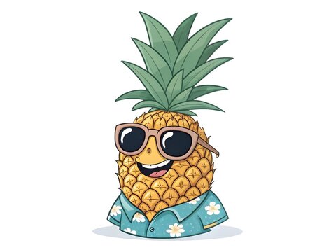 Fototapeta Happy cartoon pineapple wearing sunglasses and a hawaiian shirt