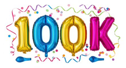 One hundred thousand followers celebration balloons isolated on transparent background
