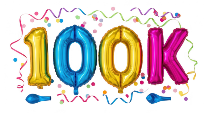 One hundred thousand followers celebration balloons isolated on transparent background