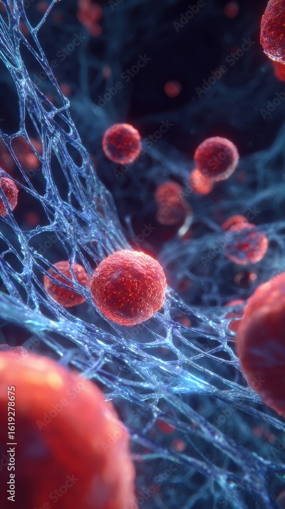 Poster 3d visualization showing sickled erythrocytes blocking blood flow in capillary networks.