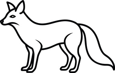 Stylized black and white outline drawing of a fox standing on a white background animal wildlife