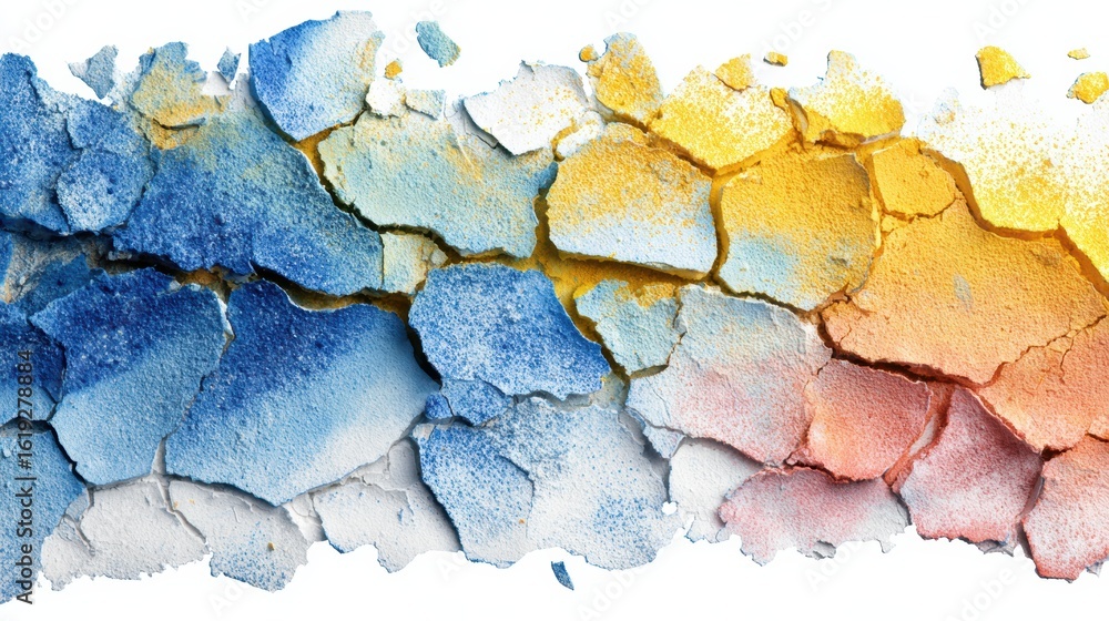 Poster cracked powder and shattered pigments create an abstract landscape of color contrasts in a clean mar