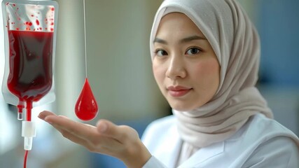 A medical professional holding a blood drop from a donation bag, promoting blood donation.