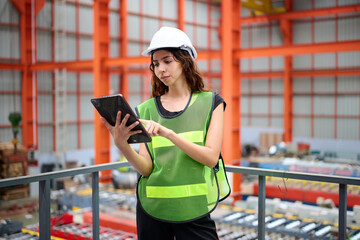 Engineer or technician working on tablet in the factory