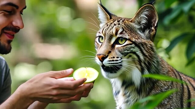 Smiling zookeeper feeding a green apple to a bobcat, surrounded by a softly blurred green background, captures a moment of care in wildlife