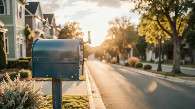 Serene suburban street scene with a blue mailbox in the foreground at sunset