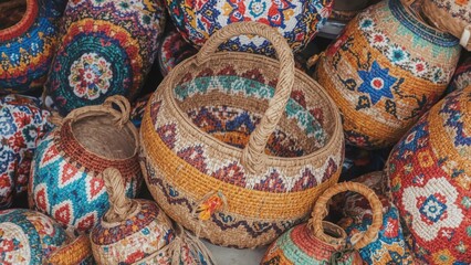 Handwoven Traditional Woven Baskets With Intricate Colorful Beaded Patterns