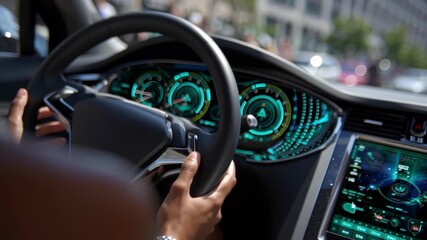 Hands on steering wheel, driving a futuristic car with advanced technology, with screen display, smart design, electric car, automotive, technology concept - Powered by Adobe