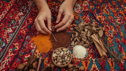 Hands arranging diverse ingredients on a colorful textile