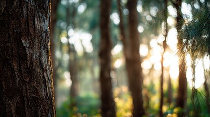 Sunlit Pine Forest, Tranquil Nature Background