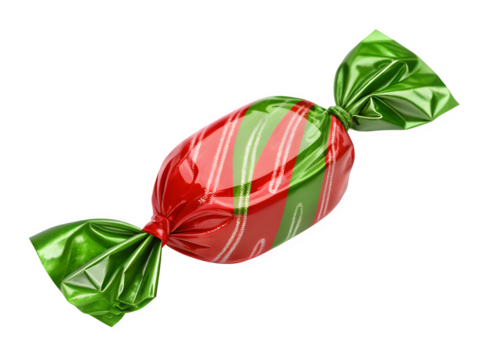 Festive red and green striped candy wrapped in shiny foil