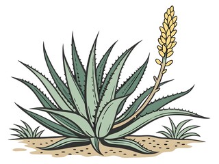 Illustration of a flowering aloe vera plant with spiky leaves and a tall yellow bloom