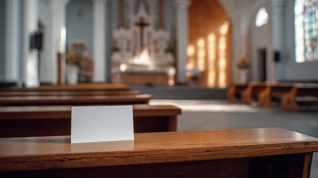 Blank Card on Church Pew - Peaceful Religious Background