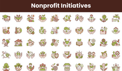 A vibrant collection of icons representing various nonprofit initiatives focused on environmental conservation, education, and community support with earthy color tones.
