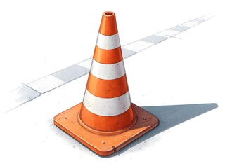Orange traffic cone with white reflective stripes on a white background