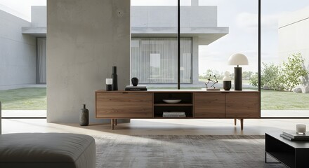 Fototapeta premium Modern Interior Design with Wooden Cabinet and Minimalist Decor