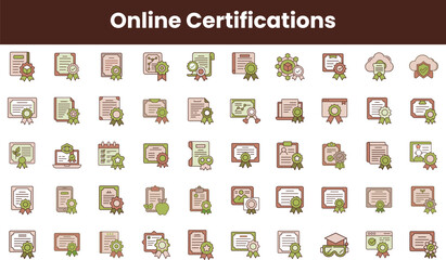 A colorful collection of online certification icons, showcasing various achievement symbols, awards, and digital course completions in vibrant hues.