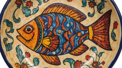 Decorative Ceramic Bowl with Stylized Fish and Floral Motifs
