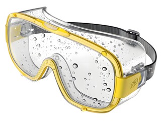 Clear safety goggles with yellow frame and water droplets