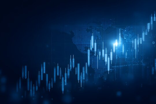 Blue stock market graph background with glowing lines and candlestick chart, financial data or business growth 