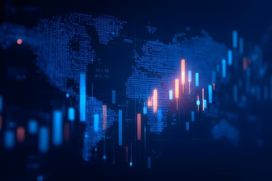 Blue stock market graph background with glowing lines and candlestick chart, financial data or business growth