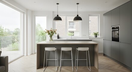 Modern Kitchen Interior with Island and Bar Stools