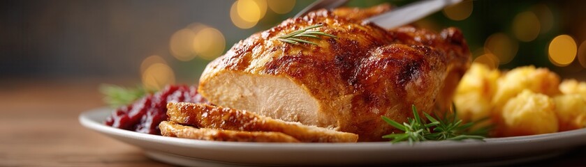 Golden Feast: A succulent, roasted turkey, artfully carved and ready to be enjoyed, sits on a decorative plate, with delectable sides, in a warm, inviting setting