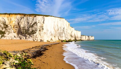 Majestic white cliffs of Dover along the coastline under the serene blue sky