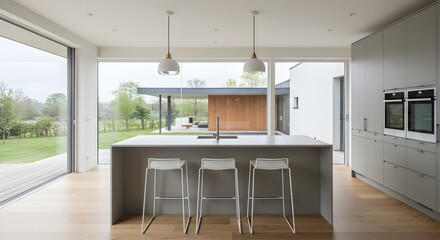 Modern Kitchen Interior with Island and Outdoor View