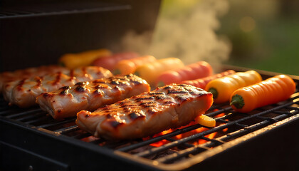 Grilled Meat and Vegetables on a Barbecue Grill