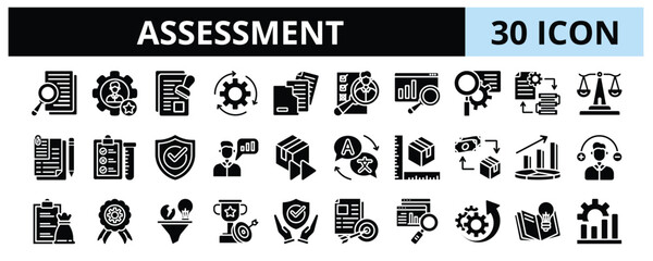 30 Assessment Glyph Icons Vector - assessment, expert, validity, evaluation, analyzing, outcome, knowledge, audit, diagnostic, opportunity