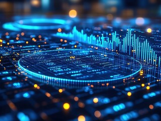 Data visualization interface with blue and yellow light - dots for tech - sense charts