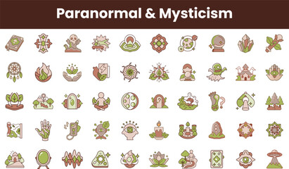 A colorful collection of mystical and paranormal icons, featuring symbols like crystals, dreamcatchers, and magical creatures, creating a whimsical and enchanting atmosphere.