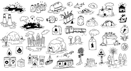 Monochrome Hand-Drawn Doodles: Environmental Pollution, Nature, Industry, and Ecological Concerns Collection