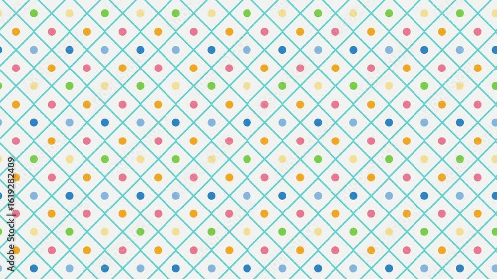 Poster a repeating pattern featuring colorful polka dots on a white background with blue diagonal lines. th