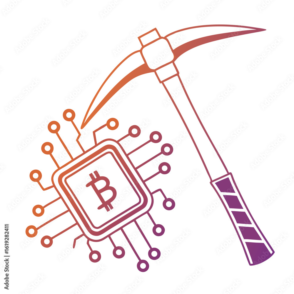 Poster vector art of a stylized pickaxe striking a computer chip with a bitcoin symbol, representing crypto