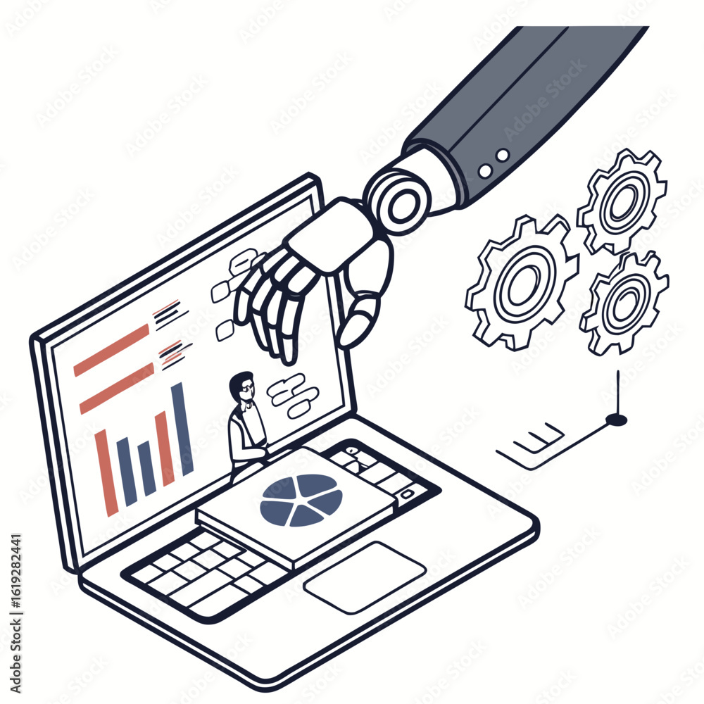 Poster vector art of a robotic hand interacts with a laptop displaying data charts and analytics, symbolizi