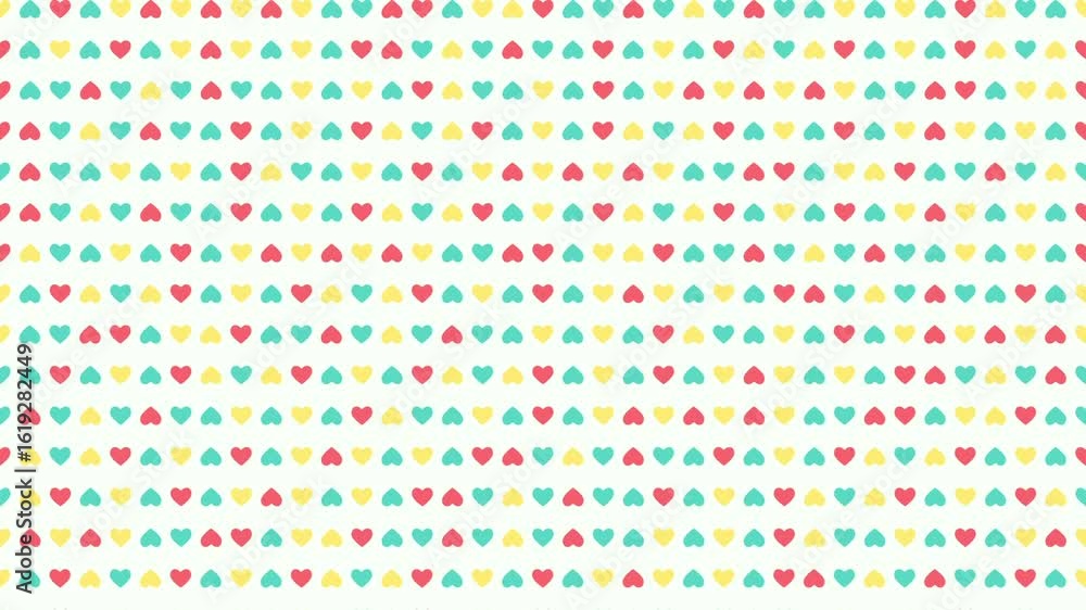 Poster a repeating pattern of colorful hearts in yellow, red, and teal arranged in horizontal rows on a whi