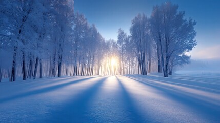Winter Wonderland Serenity: Sunlight streams through a frosty forest, illuminating snow-covered trees and casting long shadows, evoking a serene and tranquil atmosphere.